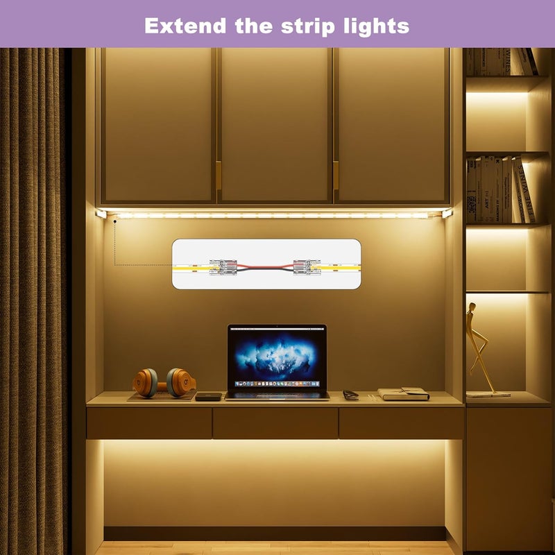MIWISE 8mm Connectors Kit for 2-Pin COB LED Strip,20Pcs Strip-to-Wire Connectors,Solderless Extension Connectors for 5V/9V/12V/24V Single Color COB LED Strip Lights,for DIY Lighting Projects - Image 5